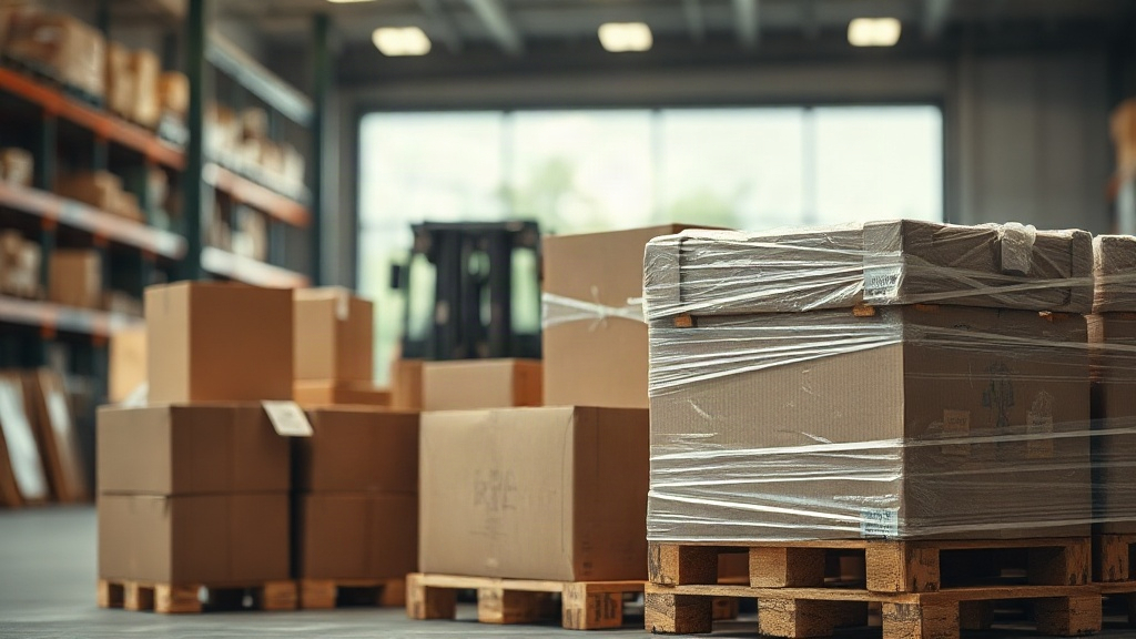 stacked cardboard shipping cartons and wrapped wooden pallets in a warehouse loading dock, forklift in soft focus backgr