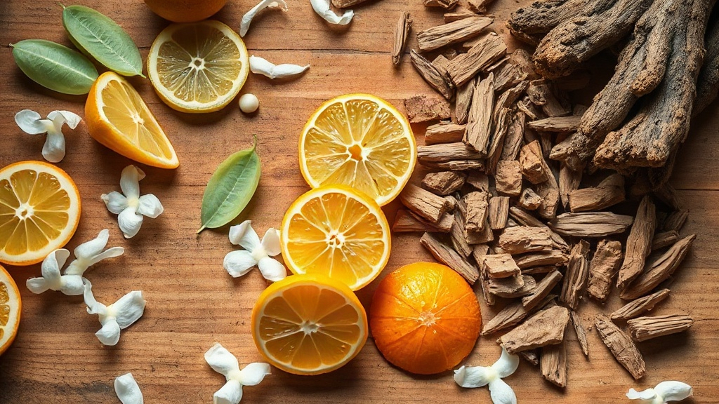 a wooden workshop table scattered with fresh bergamot citrus halves, jasmine blossoms, and raw oud wood chips, soft natu