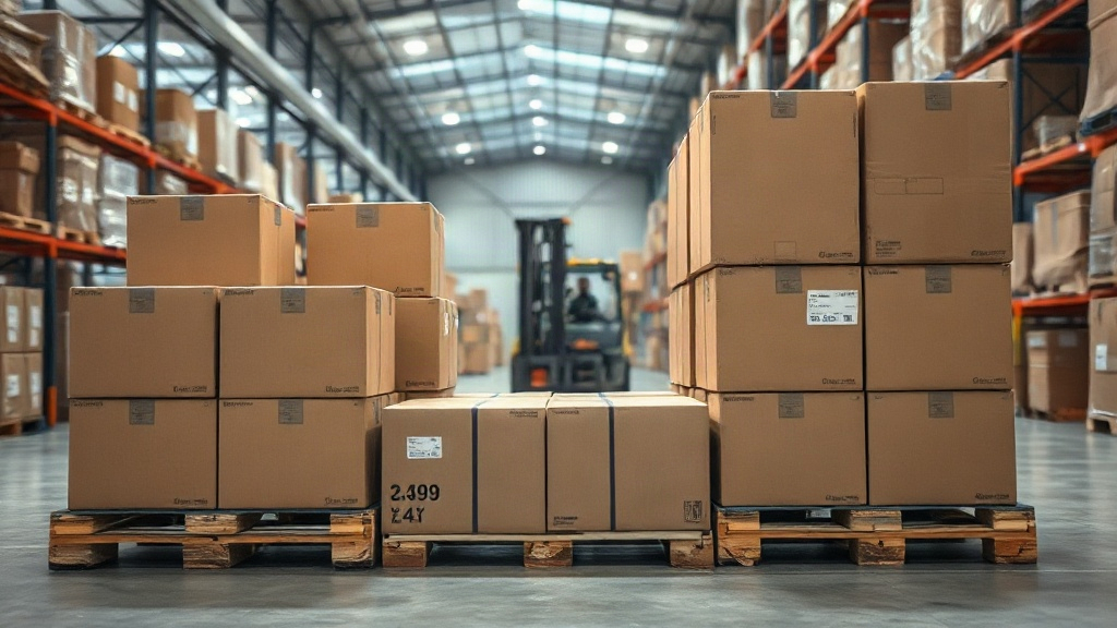 Wide photograph of sealed cardboard shipping cartons stacked on wooden pallets inside a large logistics warehouse, forkl