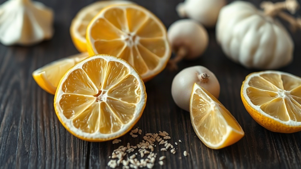 close-up still life of raw perfumery ingredients arranged on a dark wooden table, fresh bergamot citrus halves, white ja