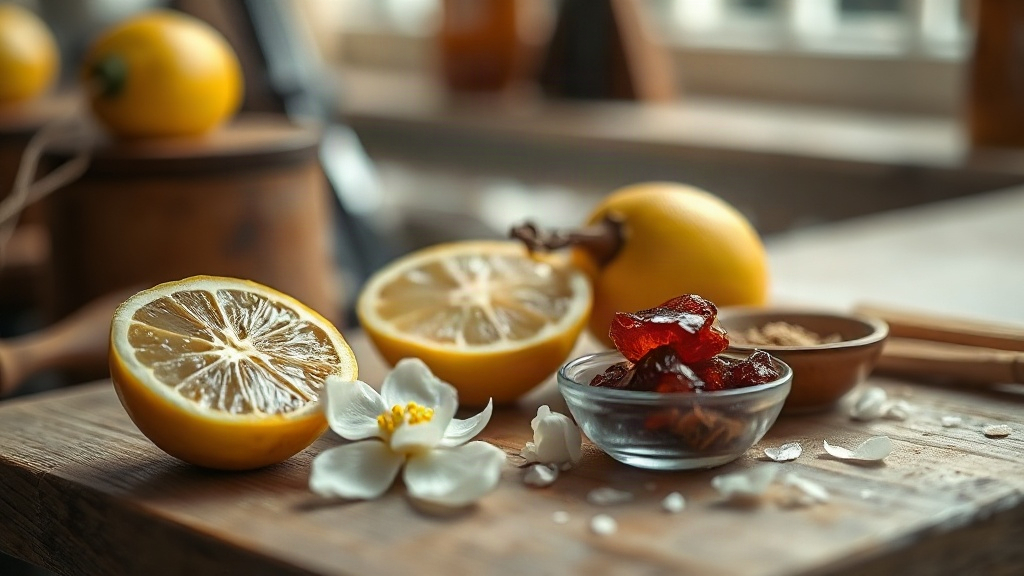 close-up of raw perfumery ingredients arranged on a wooden workbench, fresh bergamot citrus halves, jasmine blossoms, an