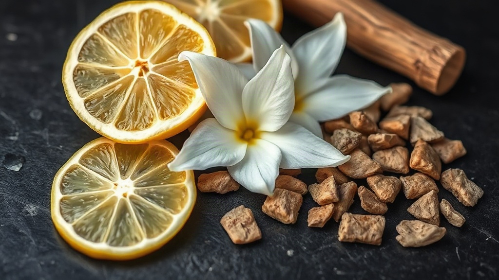close-up still life of raw perfumery ingredients, bergamot citrus slices, fresh jasmine blossoms, and rough oud wood chi
