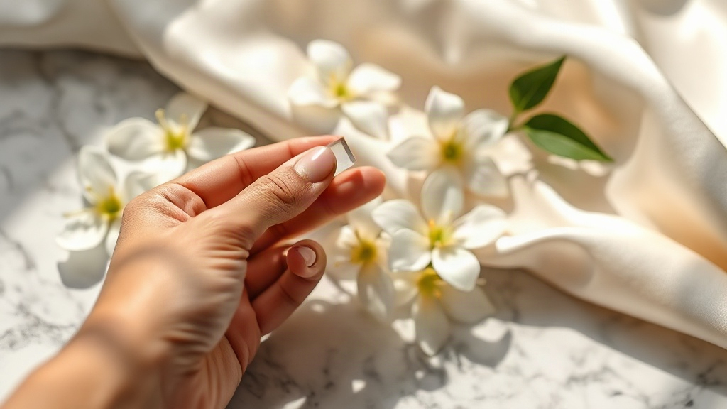 close-up of a hand holding a fragrance testing strip near white jasmine flowers and a folded silk fabric on a marble sur