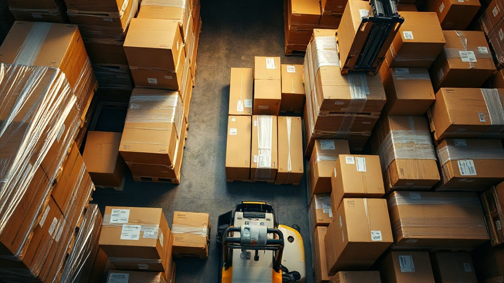 overhead photo of a fragrance production warehouse with stacked cardboard shipping boxes, wooden pallets wrapped in stre