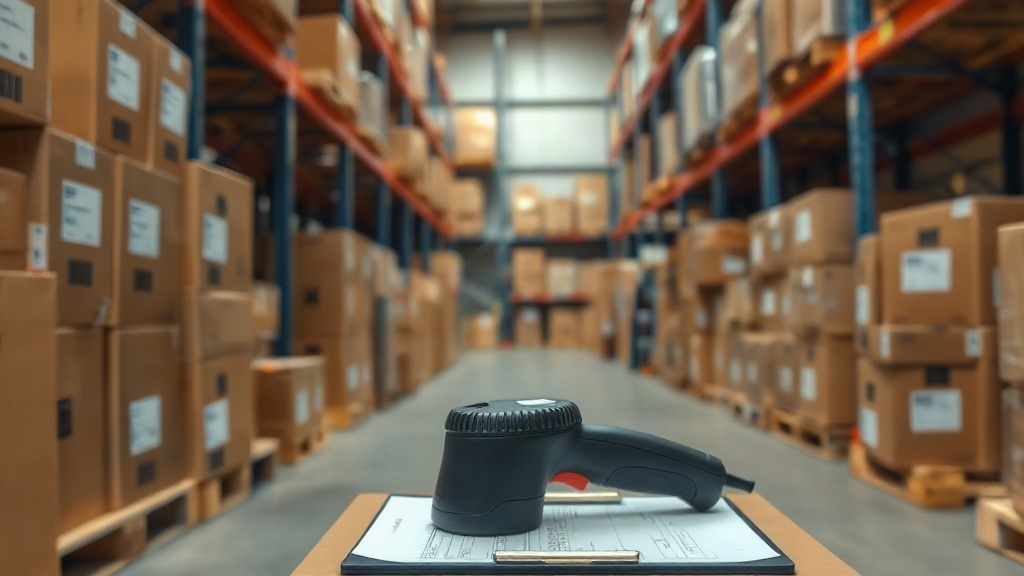 A wholesale fragrance warehouse aisle with stacked cardboard shipping cartons on wooden pallets, a handheld barcode scan