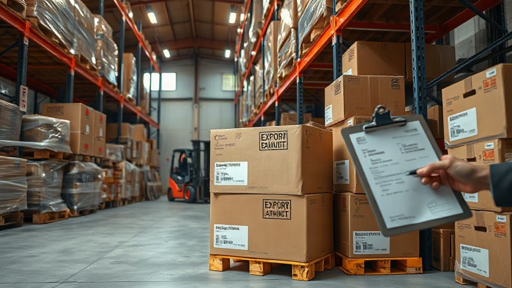 a logistics warehouse scene with stacked wooden pallets wrapped in plastic film, sealed cardboard shipping cartons label