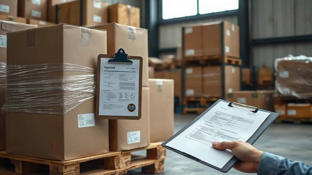 warehouse scene with stacked cardboard shipping cartons on wooden pallets, a hand holding a clipboard with shipping docu