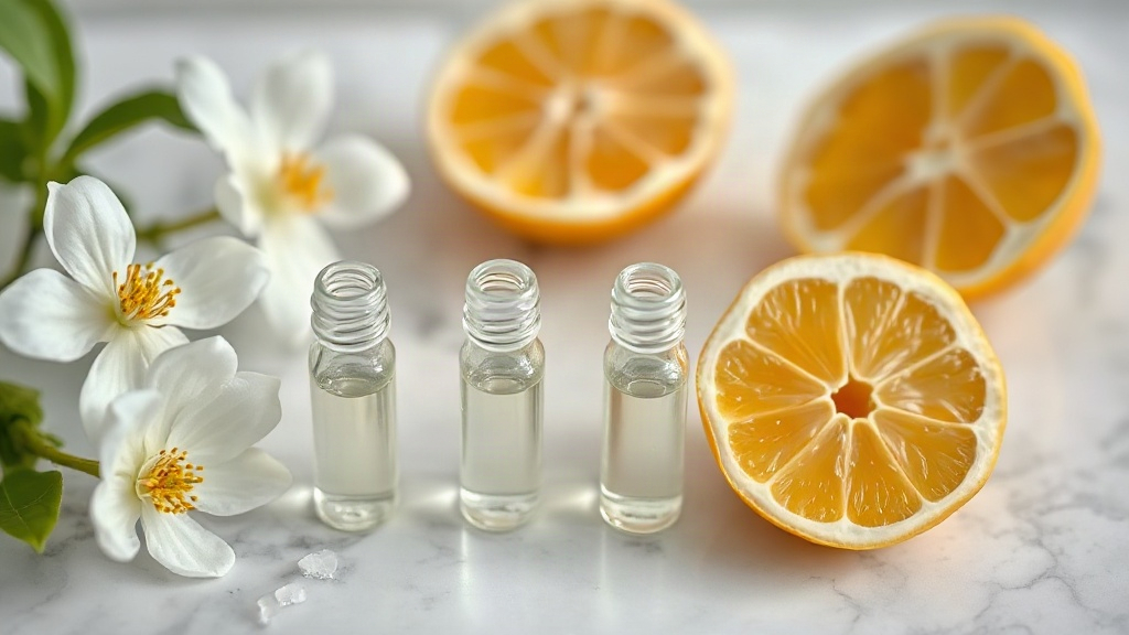 Close-up photo of small glass sample vials arranged on a marble surface next to fresh jasmine blossoms and halved bergam
