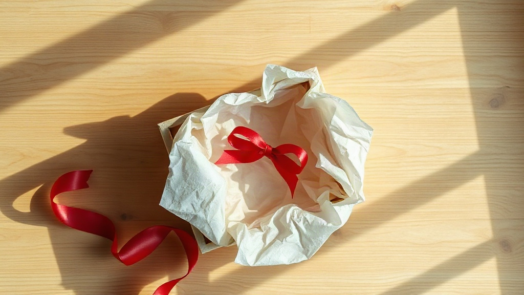 an open gift box lined with tissue paper on a wooden table, a folded ribbon beside it, soft window light, minimal stylin