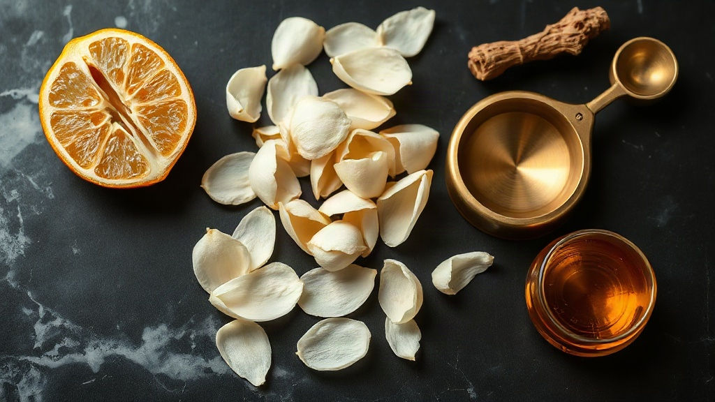 Close-up overhead shot of raw perfumery ingredients arranged on a dark marble surface, fresh bergamot halves, loose jasm