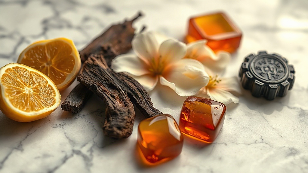 Raw perfumery ingredients arranged on a polished marble surface — fresh bergamot halves, blooming jasmine petals, dark c