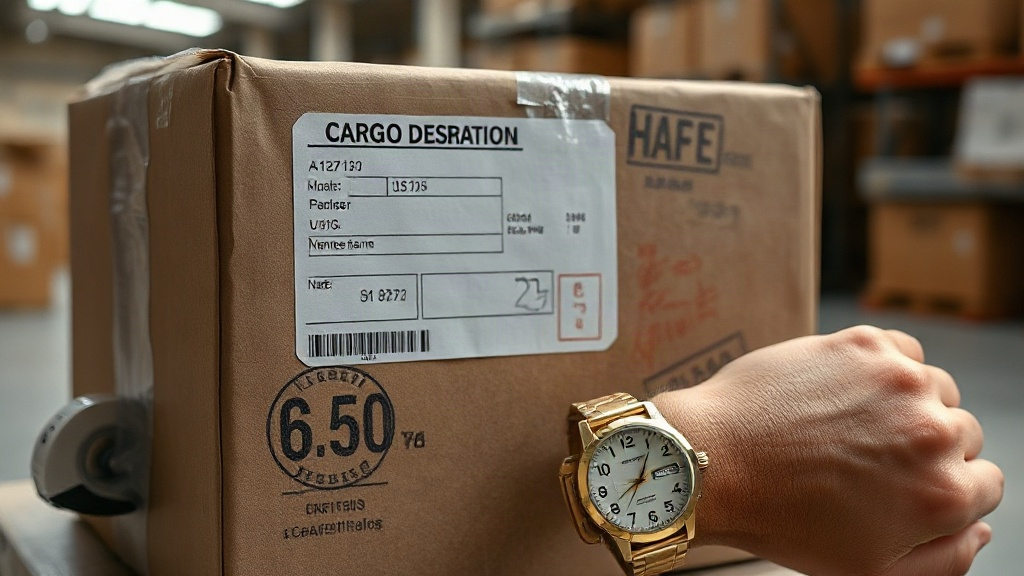close-up photo of a sealed cargo shipping carton with a customs declaration label and ink stamps on its surface, a wrist