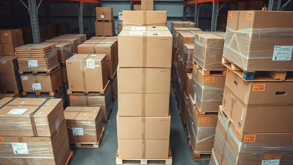 overhead photo of a fragrance production warehouse with stacked cardboard shipping boxes, wooden pallets wrapped in stre