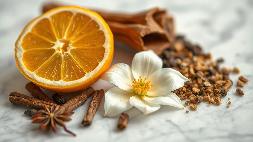 close-up of perfume raw materials arranged on a marble surface, including bergamot citrus fruit, fresh jasmine flowers, 
