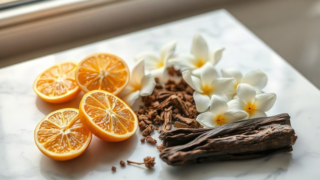raw perfumery ingredients arranged on a marble surface, bergamot citrus halves, fresh jasmine blossoms, a piece of dark 