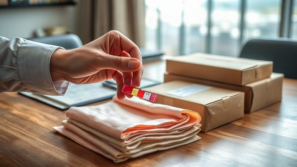 a businessperson's hand holding a fragrance testing strip near folded silk fabric swatches and sample shipping cart
