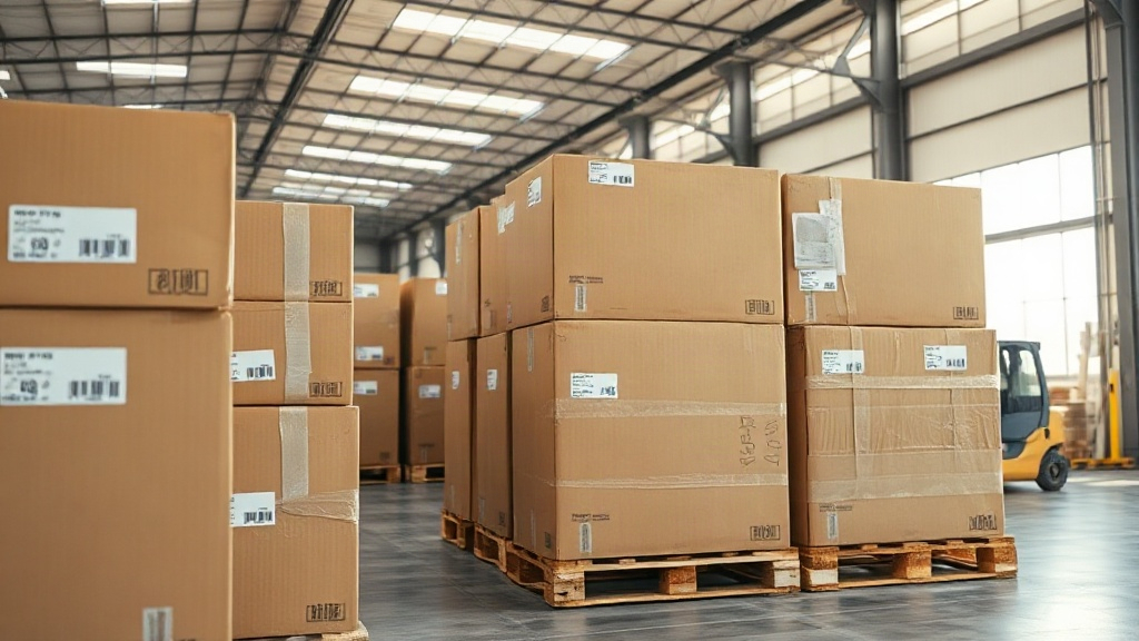 rows of sealed cardboard shipping cartons stacked on wooden pallets inside a bright logistics warehouse, export shipping