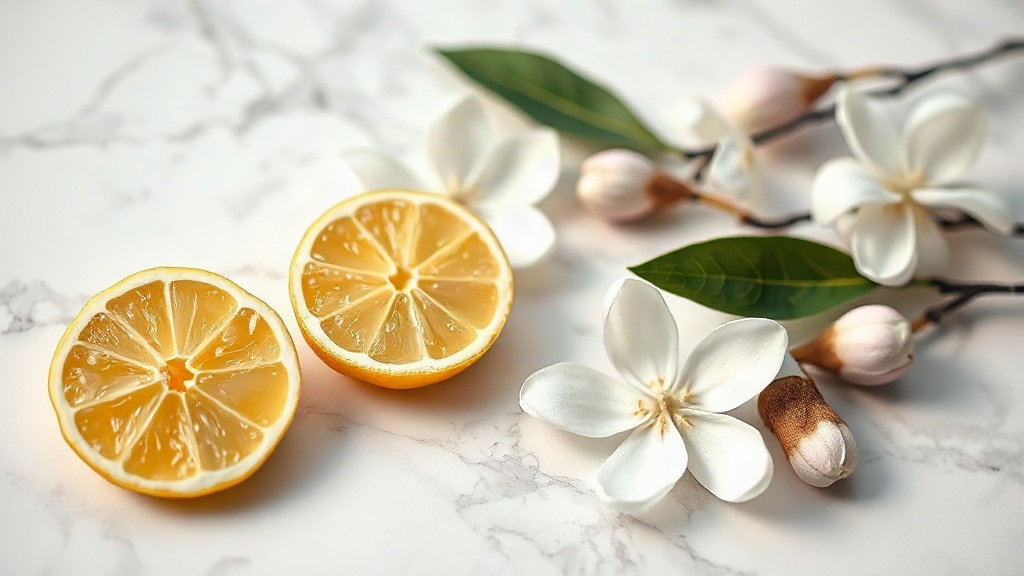 close-up of raw perfumery ingredients arranged on a white marble surface, fresh bergamot halves, jasmine blossoms, a sma