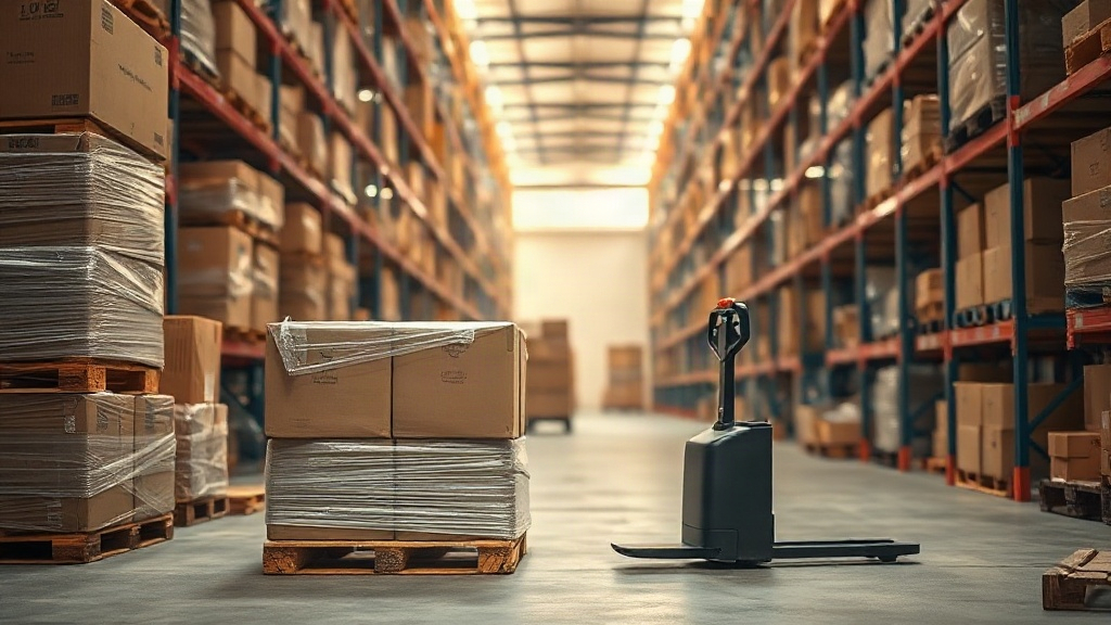 Wide shot inside a logistics warehouse showing stacked cardboard shipping cartons wrapped in stretch film on wooden pall