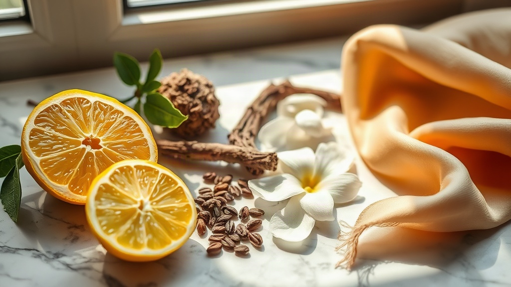 raw perfumery ingredients arranged on a marble surface, fresh bergamot citrus halves, jasmine blossoms, a chunk of oud w