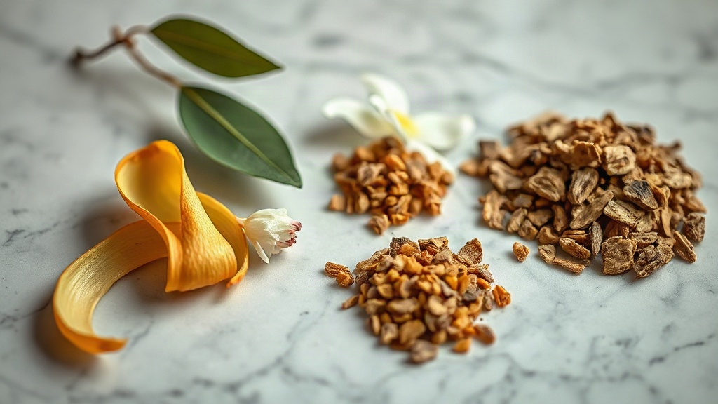 raw perfumery ingredients arranged on a marble surface, fresh bergamot peel, jasmine blossoms, and a small mound of oud 