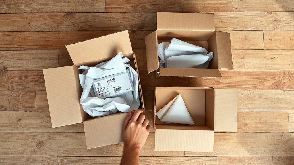 Overhead flat-lay of open wholesale shipping boxes on a wooden warehouse floor, filled with neatly folded tissue paper a