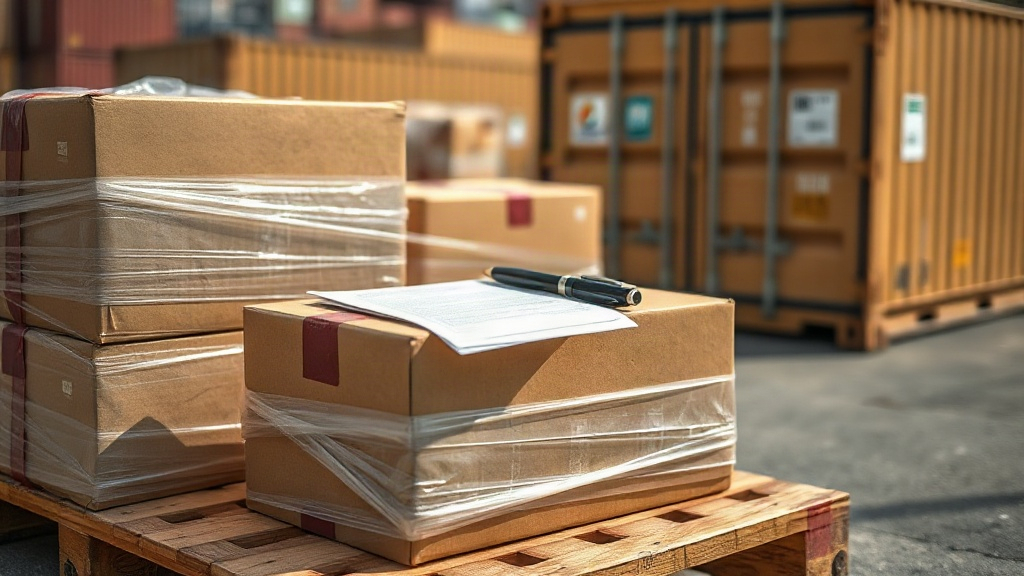 a cargo logistics scene with sealed cardboard shipping boxes on a pallet wrapped in stretch film, a customs clearance do