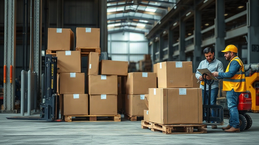 warehouse loading dock with stacked cardboard cargo boxes on wooden pallets, a forklift pallet jack nearby, workers'