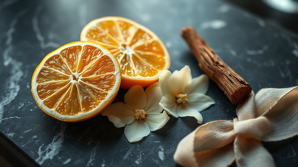 Close-up of raw perfume ingredients arranged on a dark marble surface, fresh bergamot citrus halves, blooming jasmine pe