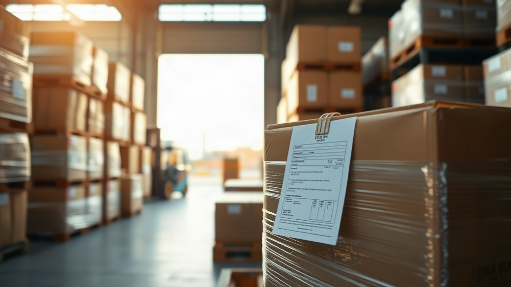 wide shot of a wholesale logistics warehouse near a New York port, pallets wrapped in stretch film stacked with sealed c