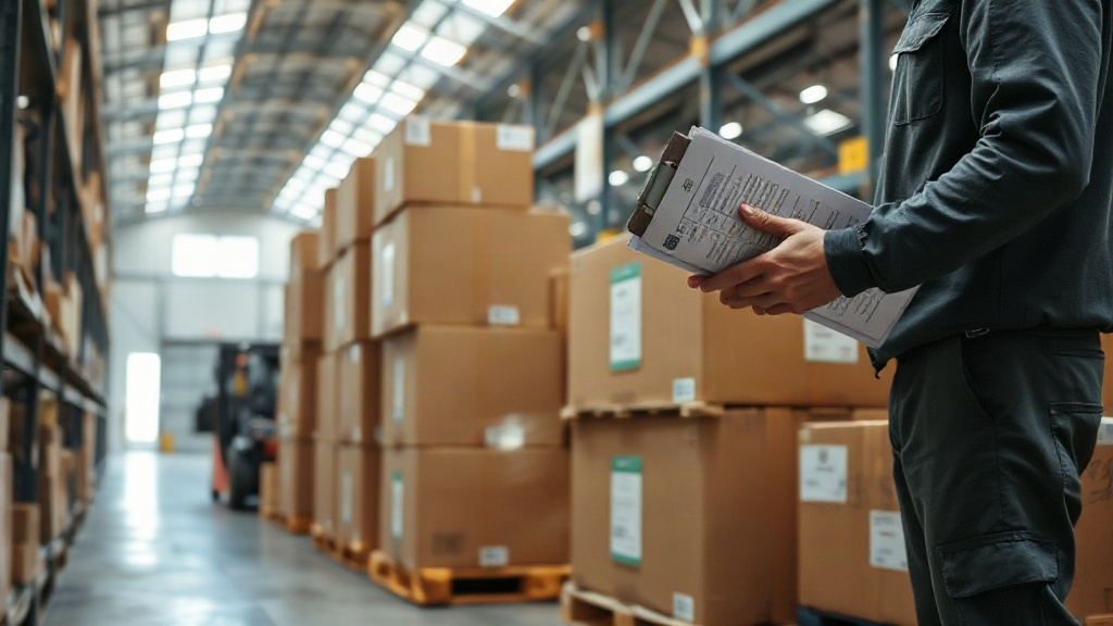Warehouse interior with wooden pallets stacked with sealed cardboard export cartons, a worker's hand holding a clip