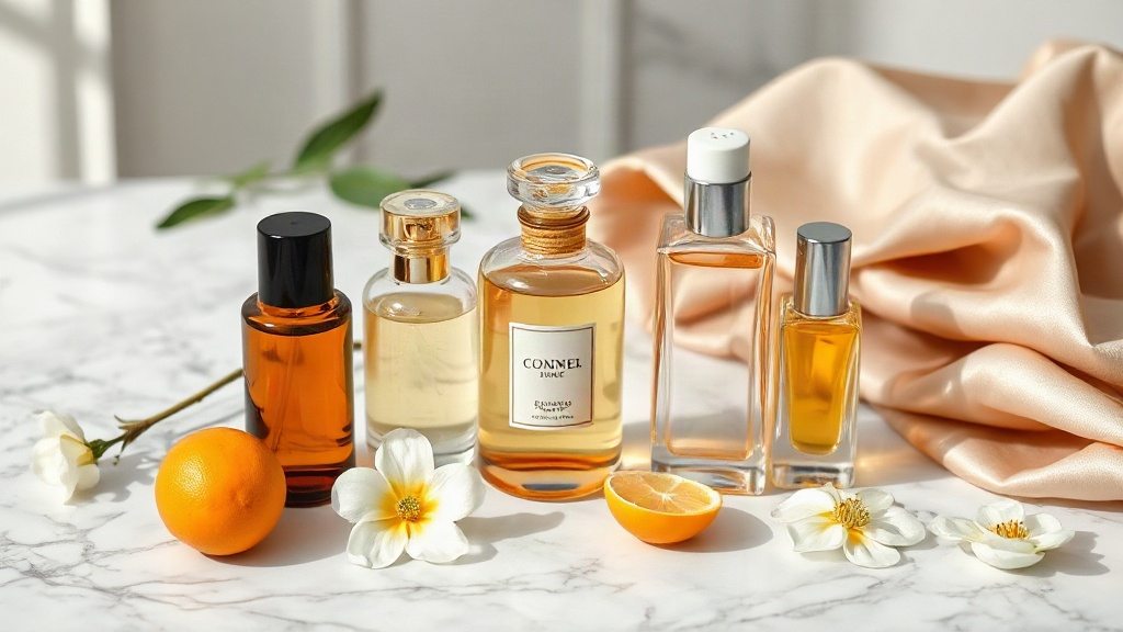 Elegant arrangement of unlabeled amber and clear glass perfume bottles displayed on a marble surface beside bergamot fru