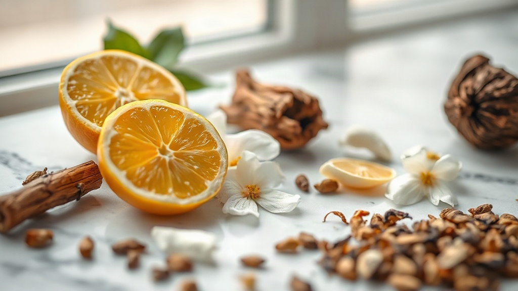 close-up of raw perfumery ingredients arranged on a marble surface, bergamot citrus halves, fresh jasmine blossoms, a sm