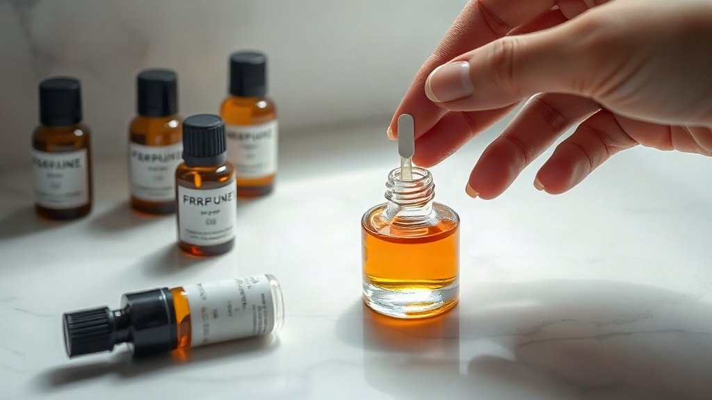 close-up of a hand dipping a fragrance test strip into a small amber glass vial of perfume oil on a white marble counter