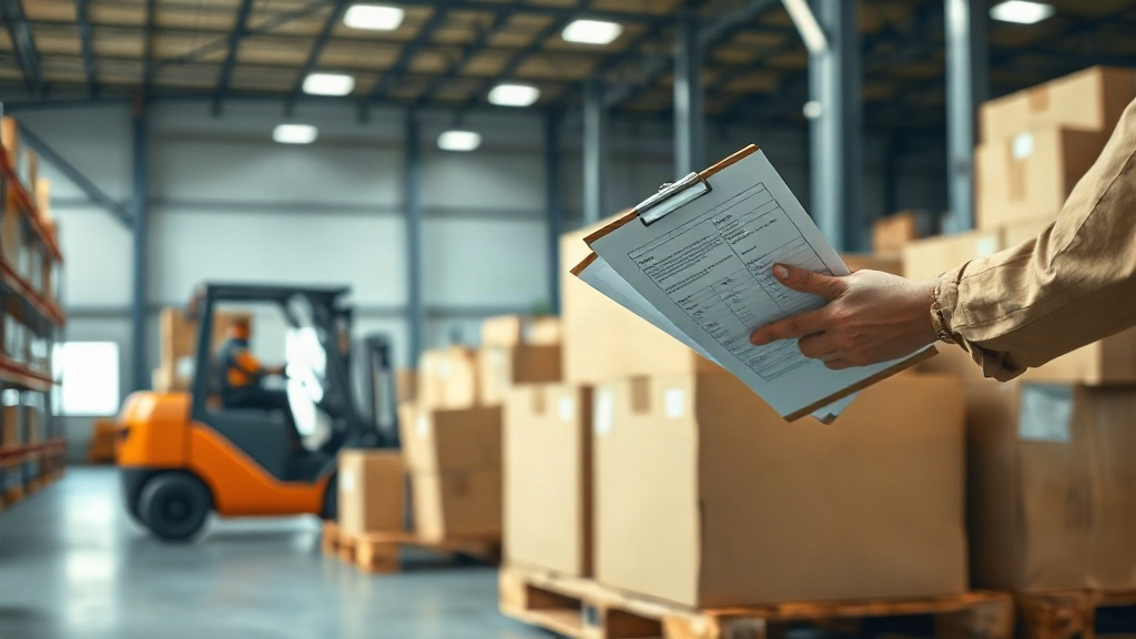 A wide shot of a logistics warehouse with stacked cardboard shipping cartons on wooden pallets, a forklift in soft focus