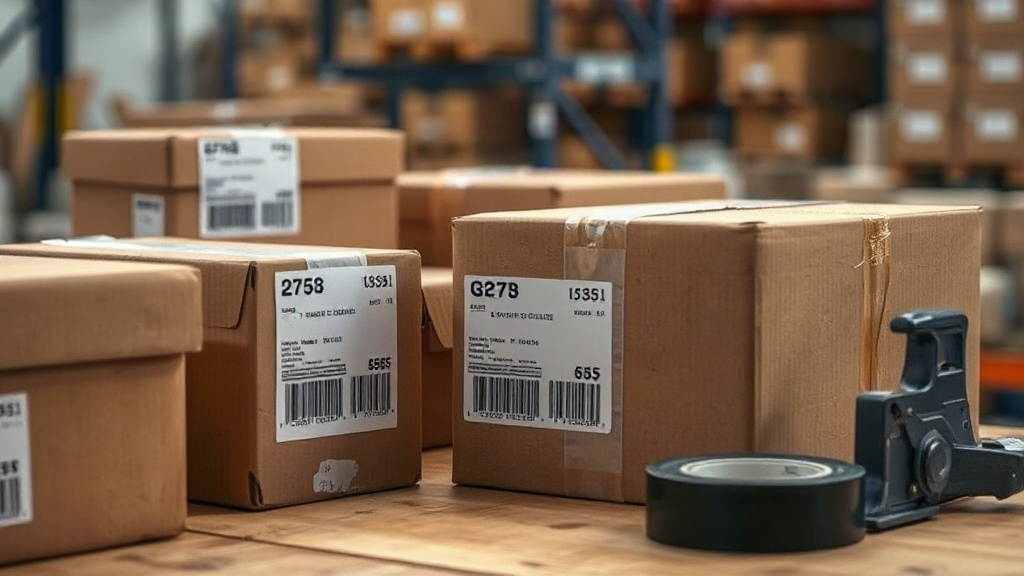close-up of hands taping and labeling cardboard shipping cartons on a warehouse workbench, export shipping labels visibl