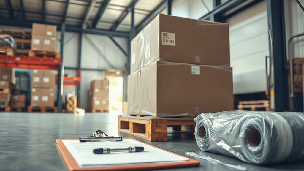 cargo boxes being loaded onto a pallet at a shipping dock, customs paperwork and a clipboard in the foreground, shrink-w