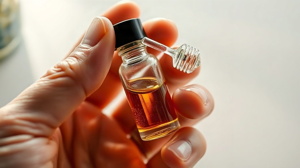 a close-up of a hand holding a small glass sample vial with a dipper strip, inspecting the fragrance oil color against n