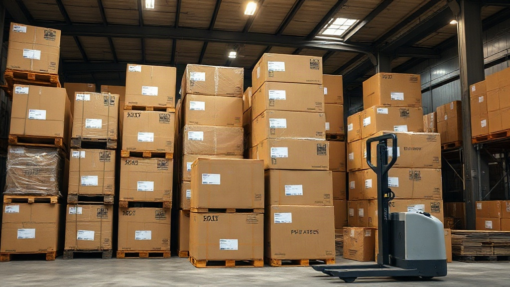 warehouse interior with stacked wooden pallets, sealed brown shipping cartons stacked for export, a hand-operated pallet