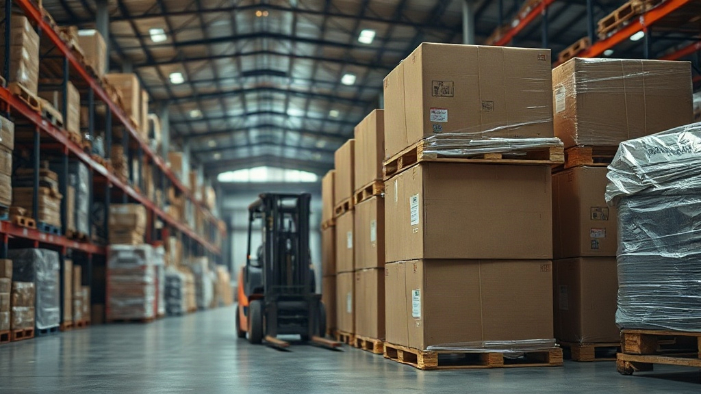 stacked cardboard shipping cartons and wrapped wooden pallets inside a large logistics warehouse, forklift in soft focus