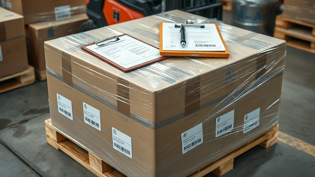 close-up of a wooden pallet loaded with sealed cardboard shipping cartons wrapped in stretch film on a warehouse loading