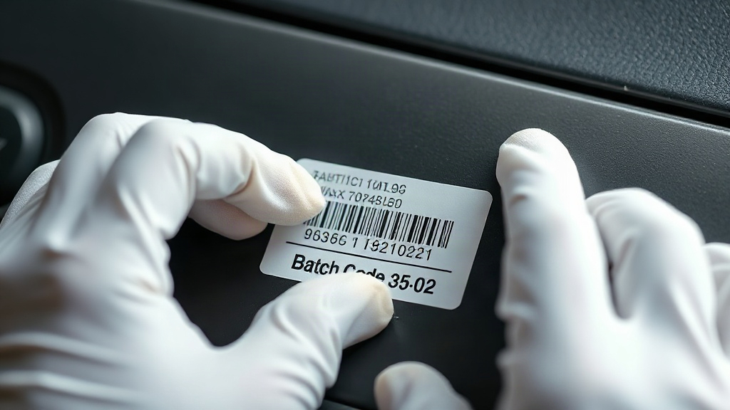 a pair of hands wearing white cotton gloves inspecting a wax-sealed authentication label and batch code sticker on a car