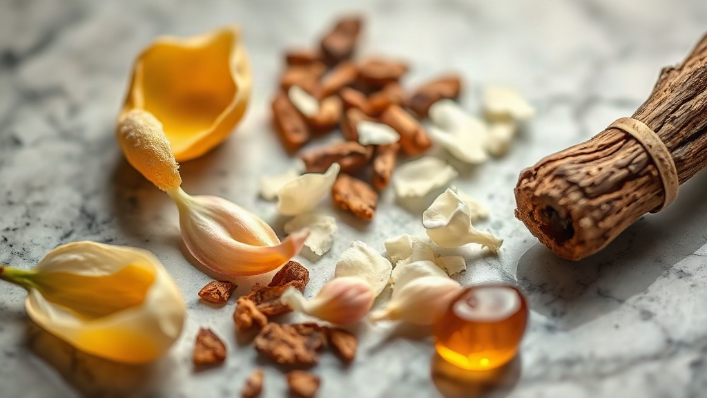 macro photo of raw perfumery ingredients arranged on a marble surface, including bergamot peel, fresh jasmine petals, ou