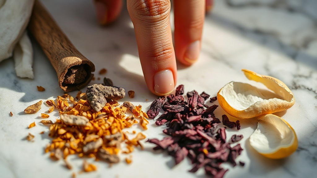 close-up of a hand touching raw perfumery ingredients arranged on a marble surface, oud wood chips, dried jasmine petals