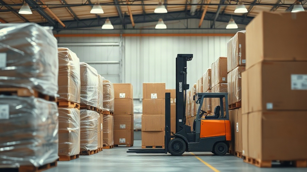 warehouse interior with shrink-wrapped pallets and labeled cardboard shipping cartons arranged in rows, a forklift palle
