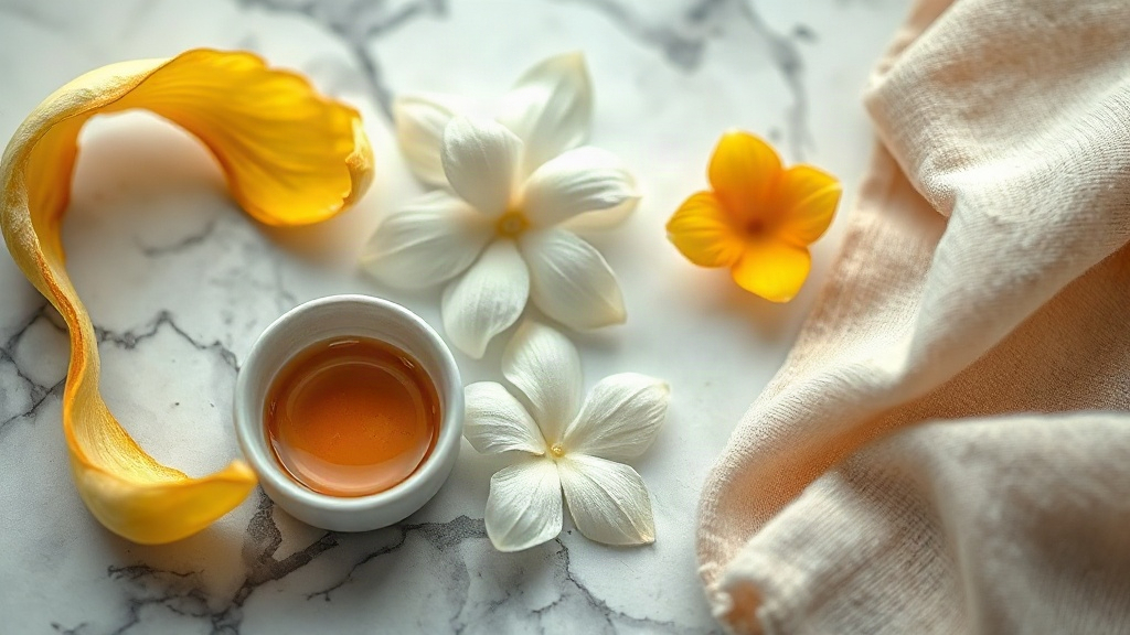 Close-up of raw perfume ingredients arranged on a marble surface — fresh bergamot peel, jasmine blossoms, a small dish o