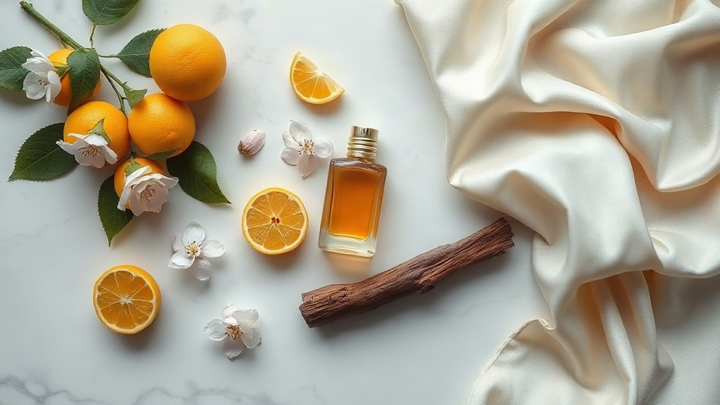 An elegant flat lay of raw perfume ingredients on a white marble surface, fresh bergamot citrus fruits, blooming jasmine