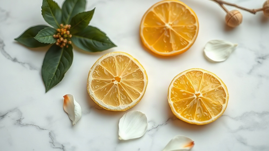 close-up flat lay of raw perfumery ingredients on a white marble surface, fresh bergamot slices, jasmine petals, a small