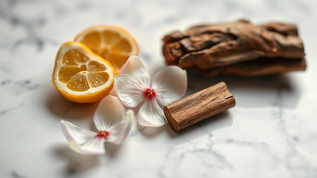 close-up of raw perfumery ingredients arranged on a marble surface — fresh bergamot halves, jasmine blossoms, and a smal
