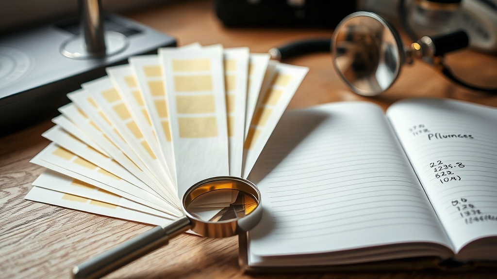 Close-up of a fragrance quality-control desk with fanned-out scent testing blotter strips, a jeweler's loupe, an op